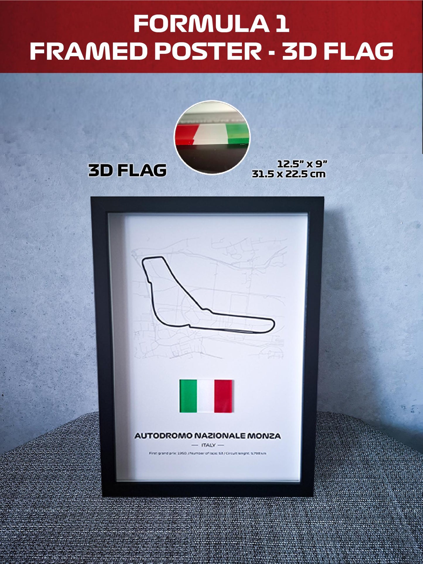 Uokvireni poster Monza Italija s 3D zastavom - Visokokvalitetna tiskana pozadina - 31,5 x 22,5 cm - Formula 1 poklon