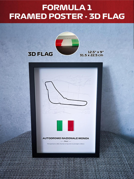 Uokvireni poster Monza Italija s 3D zastavom - Visokokvalitetna tiskana pozadina - 31,5 x 22,5 cm - Formula 1 poklon