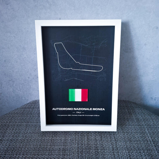 Uokvireni poster Monza Italija s 3D zastavom - Visokokvalitetna tiskana pozadina - 31,5 x 22,5 cm - Formula 1 poklon