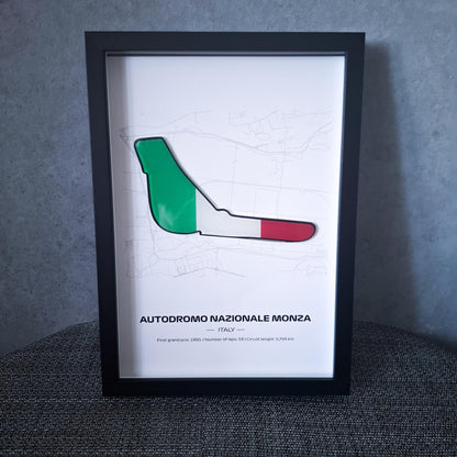 Uokvireni poster Monza Italija s 3D zastavom - Visokokvalitetna tiskana pozadina - 31,5 x 22,5 cm - Formula 1 poklon
