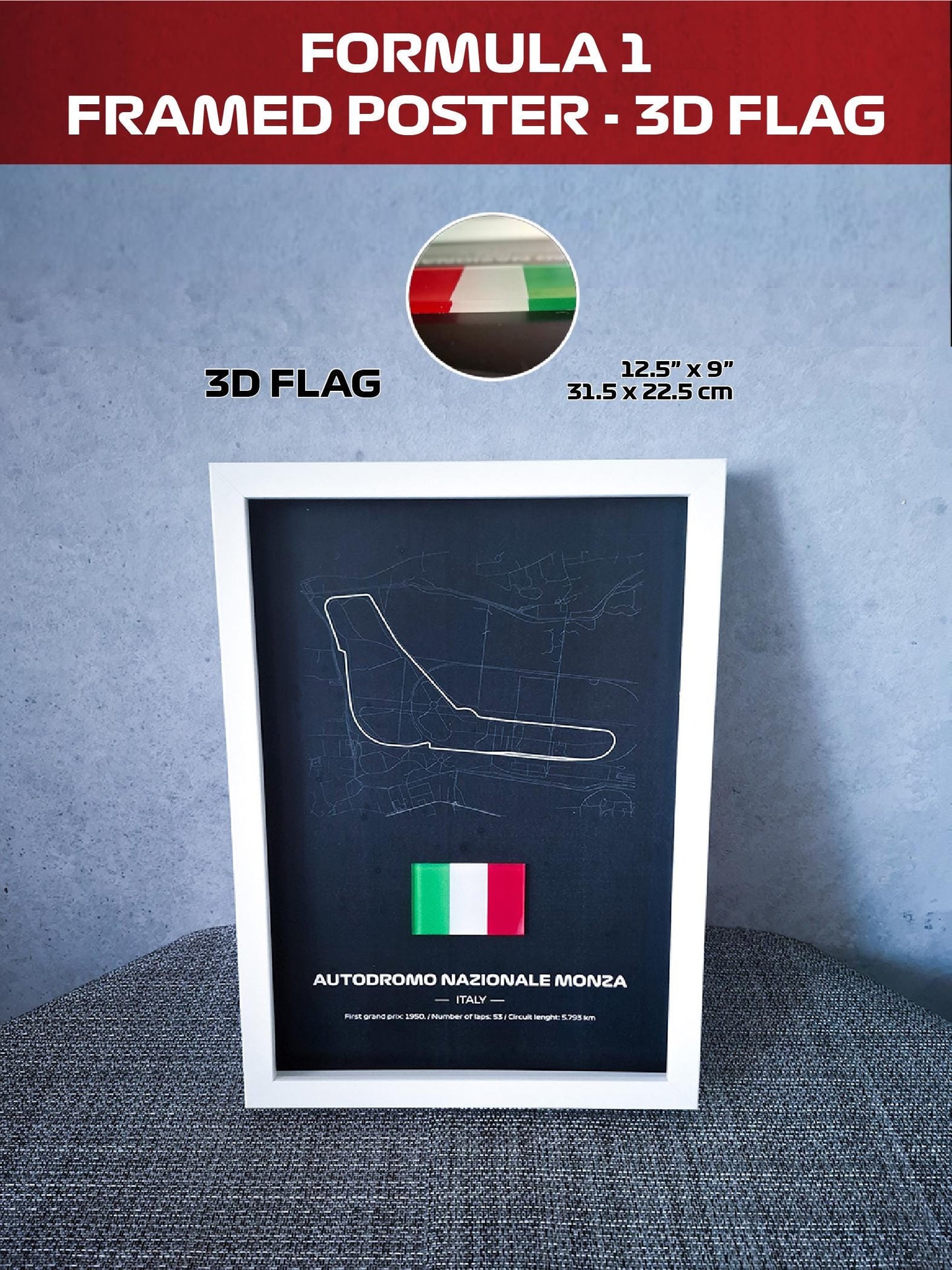 Uokvireni poster Monza Italija s 3D zastavom - Visokokvalitetna tiskana pozadina - 31,5 x 22,5 cm - Formula 1 poklon