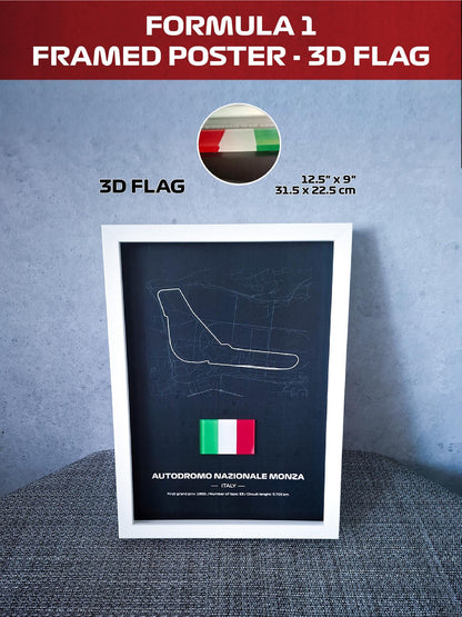 Uokvireni poster Monza Italija s 3D zastavom - Visokokvalitetna tiskana pozadina - 31,5 x 22,5 cm - Formula 1 poklon