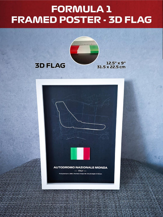 Uokvireni poster Monza Italija s 3D zastavom - Visokokvalitetna tiskana pozadina - 31,5 x 22,5 cm - Formula 1 poklon